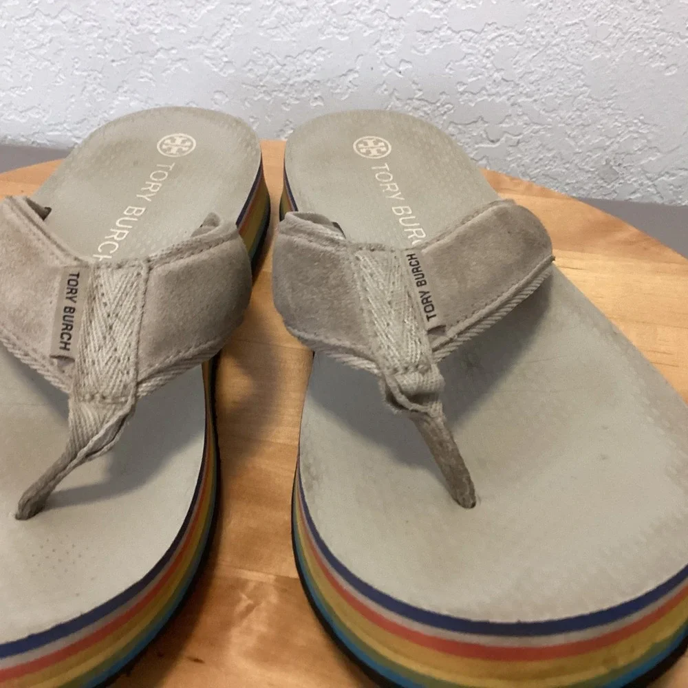 Tory Burch 70s Low Platform Flip‎ Flops Womens 10 Tan Rainbow Stripe S Flatform